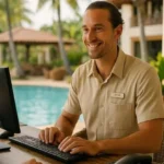 Agente de reservas con uniforme beige atendiendo a huésped frente a computadora en resort