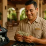 Cajero General contando billetes en resort con fondo tropical