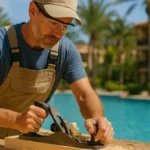 Carpintero usando cepillo manual sobre banco de trabajo frente a alberca del hotel