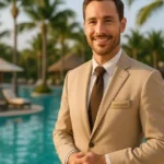 Concierge con traje beige y gafete saludando en entorno tropical junto a piscina del hotel