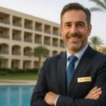 Director General recorriendo el lobby del hotel mientras supervisa al personal en un resort todo incluido