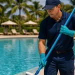 Trabajador de mantenimiento de piscina con cepillo y guantes en entorno tropical