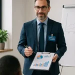 Gerente de finanzas mostrando gráficas financieras a su equipo en una sala de juntas