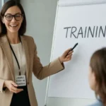 Gerente de recursos humanos explicando en una presentación de entrenamiento empresarial