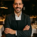 Gerente de restaurante posando con confianza en un comedor moderno y bien iluminado