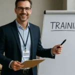 Jefe de capacitación presentando frente a rotafolio con la palabra "TRAINING" en sala de conferencias