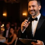 Maestro de Ceremonias con micrófono saludando a la audiencia en salón iluminado