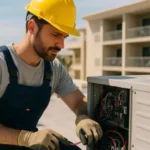 Técnico de mantenimiento con casco inspeccionando sistema HVAC en azotea del hotel