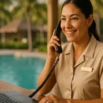 Empleada de hotel respondiendo teléfono fijo frente a laptop con piscina tropical de fondo