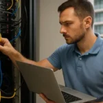 Administrador de Redes ajustando cables en rack de servidores con laptop en mano