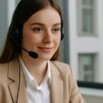 Agente de Reservas con auriculares trabajando frente a computadora