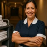 Ama de llaves de hotel junto a carro de limpieza, en pasillo bien iluminado