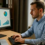 Analista de Datos frente a monitor con gráficos estadísticos en entorno hotelero