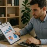 Analista de Mercado revisando gráficos estadísticos con laptop y papeles