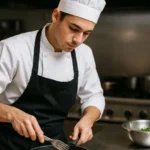 Ayudante de Cocina con gorro y delantal cocinando en sartén frente a fogón