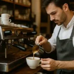 Barista sirviendo café con leche en taza blanca junto a máquina de espresso