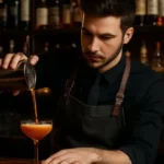 Bartender con delantal sirviendo cóctel desde coctelera en ambiente elegante