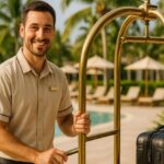 un Botones o Bellboys con uniforme beige transportando maletas junto a piscina rodeada de palmeras