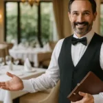 Capitán de Meseros con menú en mano saludando en comedor elegante del hotel