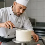 Chef Pastelero con gorro blanco aplicando glaseado sobre pastel en entorno profesional