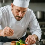 Chef de Partie con uniforme blanco concentrado en decoración de plato gourmet