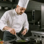 Cocinero con chaqueta blanca emplatando comida con pinzas en cocina profesional