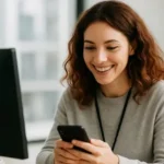 Community Manager sonriendo mientras interactúa con su smartphone y computadora