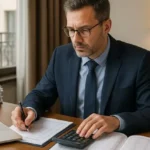 Contador General de hotel usando calculadora y laptop en escritorio