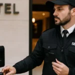 Controlador de Accesos en uniforme de seguridad operando lector de acceso