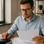 Controlador de Costos usando calculadora y analizando documentos contables