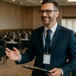 Coordinador de Grupos con gafete y portapapeles dialogando en salón con mesas organizadas