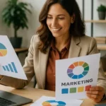 Coordinadora de Marketing revisando gráficos de campaña y laptop en escritorio