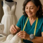 Costurera de hotel con máquina de coser y cinta métrica trabajando en vestido blanco