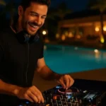 DJ con audífonos mezclando música en consola iluminada junto a piscina