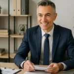 Director de Ventas y Marketing sonriente en oficina moderna durante junta