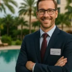 Director de ventas y marketing posando frente a piscina y palmeras en resort de lujo