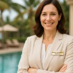 Directora de recursos humanos posando sonriente frente a piscina y palmeras
