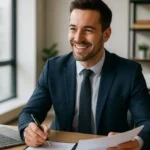 Ejecutivo de Ventas sonriendo con papeles en mano durante reunión