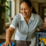 Encargada de Áreas Públicas sonriendo mientras limpia mesa en lobby con carrito de limpieza