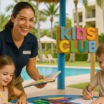Encargada de Kids Club sonriendo junto a niños que colorean en mesa frente a piscina