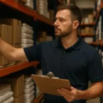 Encargado de Almacén de hotel con portapapeles inspeccionando estanterías organizadas