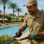 Jardinero del resort recortando arbustos con tijeras frente a la piscina