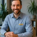 Encargado de bienestar laboral sonriendo en escritorio rodeado de plantas y luz natural