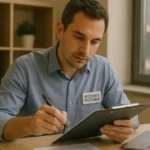 Encargado de Cuentas por Cobrar con clipboard frente a laptop en escritorio