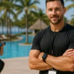 Entrenador Personal de resort junto a piscina mientras supervisa entrenamiento