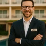 Gerente de calidad con gafete posando frente a hotel y piscina en entorno tropical