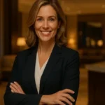 Gerente de relaciones públicas con actitud profesional en un elegante lobby de hotel