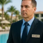 Gerente de Seguridad con traje azul oscuro frente a alberca y palmeras