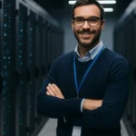 Gerente de sistemas sonriendo frente a racks de servidores en sala de datos