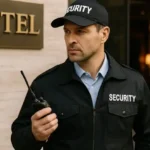 Guardia de Seguridad con radio frente a letrero de hotel en acceso principal